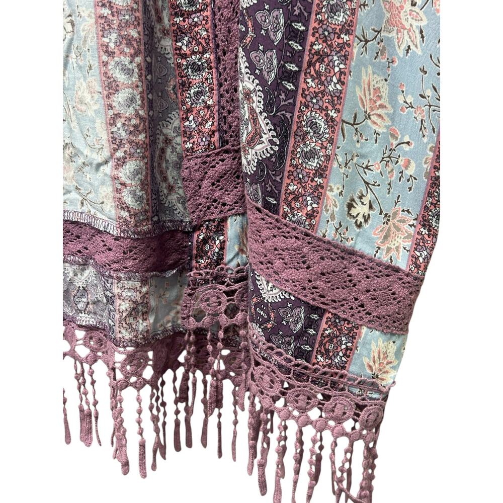 Andree by Unit Purple Lace Kimono M Paisley Fringe Boho Open Front‎ Shawl Jacket - Picture 5 of 10